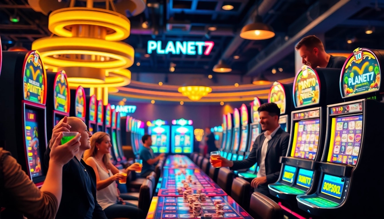 Rayakan kemenangan di PLANET77 dengan mesin slot berwarna-warni dan suasana kasino yang meriah.