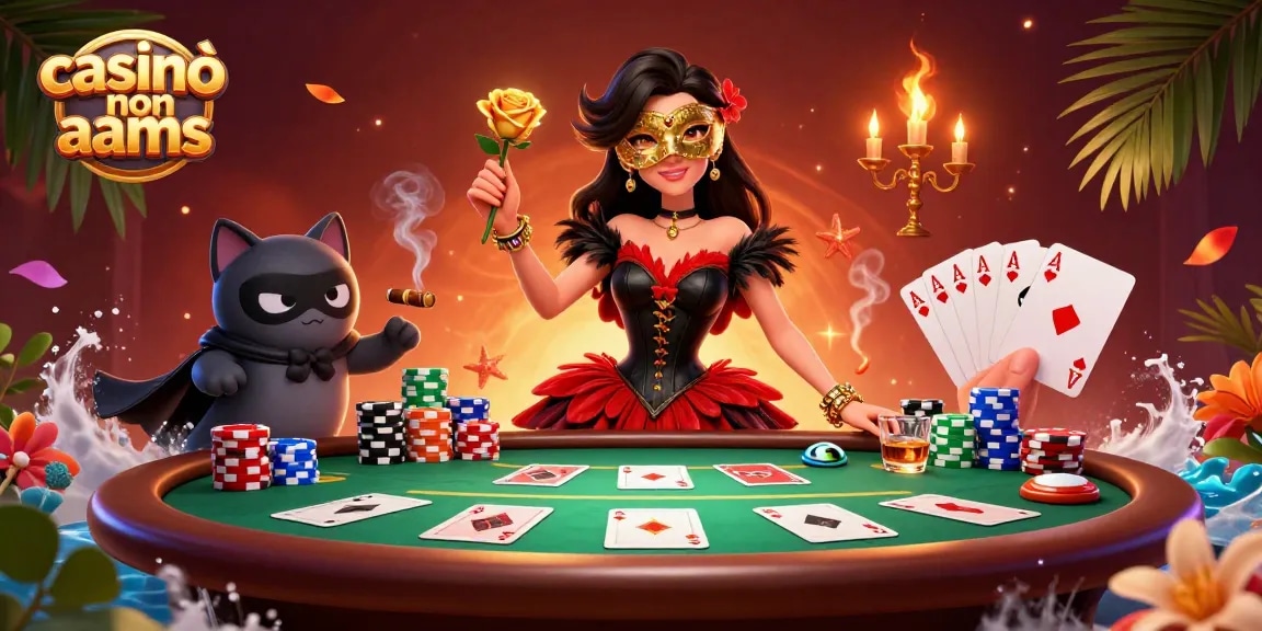 I casinò non AAMS mostrano una scena glamour con una donna 3D in abbigliamento elegante che gioca a poker con fiches vivaci e fiamme di candelabri.