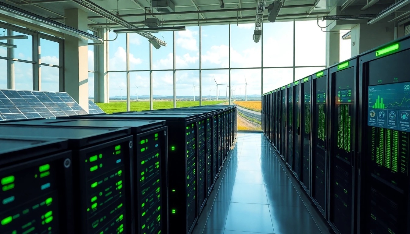 Advanced crypto cloud mining data center showcasing renewable energy solutions and real-time profitability analytics.