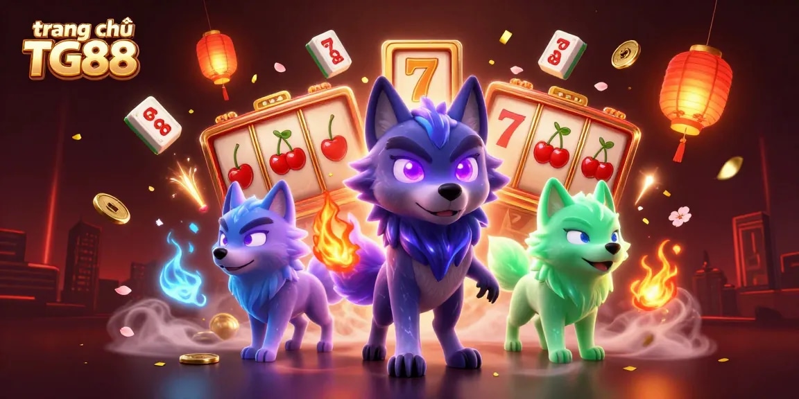 Experience thrilling gaming at trang chủ TG88 with vibrant slot reels, ghostly wolves, and fortune elements.