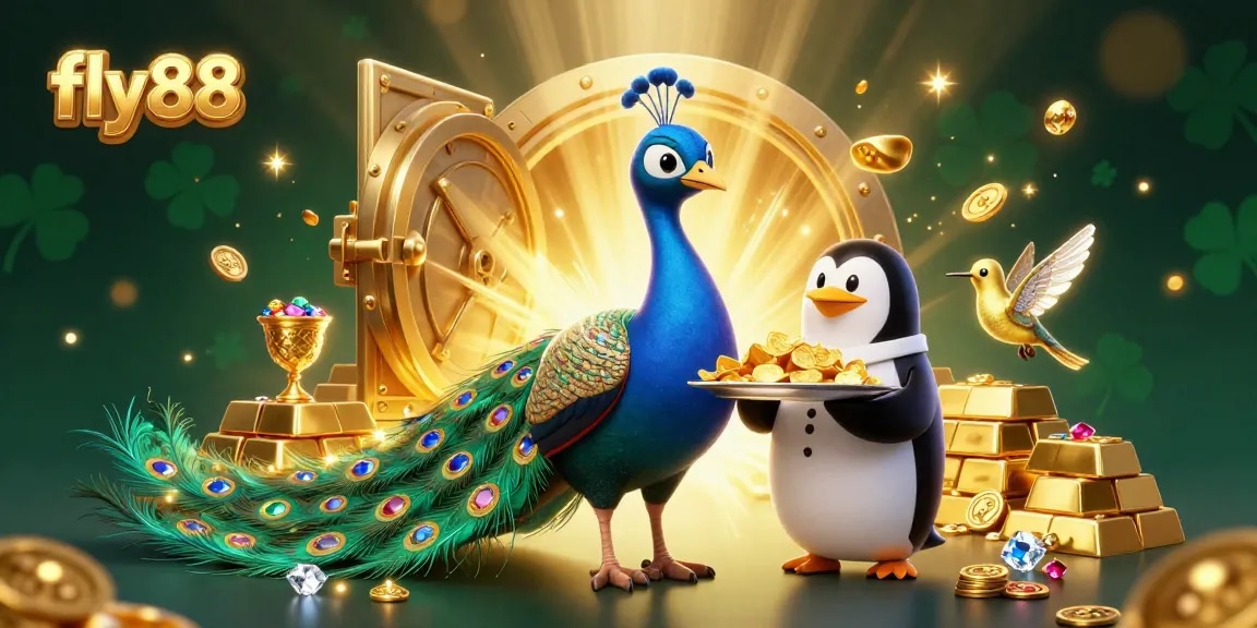Experience winning strategies at fly88's extravagant casino in a vibrant 3D scene filled with treasures.