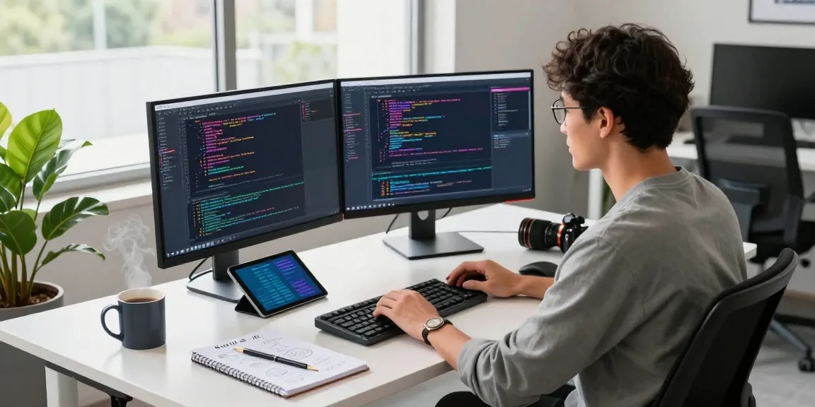 Workspace of a software developer focusing on 纸飞机中文版, with high-tech equipment and coding interfaces in a modern office.