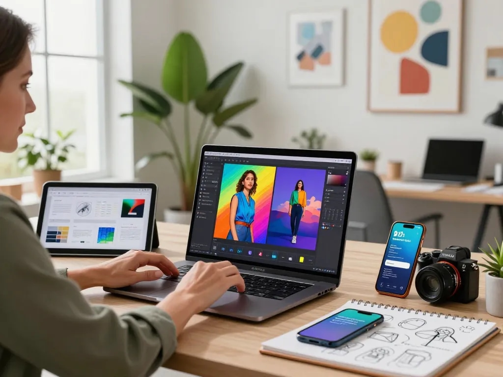 Creative professional using the Nano Banana 2 AI editor in a modern workspace, highlighting technology and artistic innovation.
