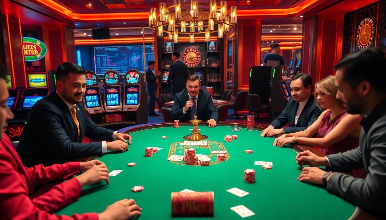Engage in high-stakes poker at hello88's luxurious casino setting with vibrant tables and thrilling atmosphere.
