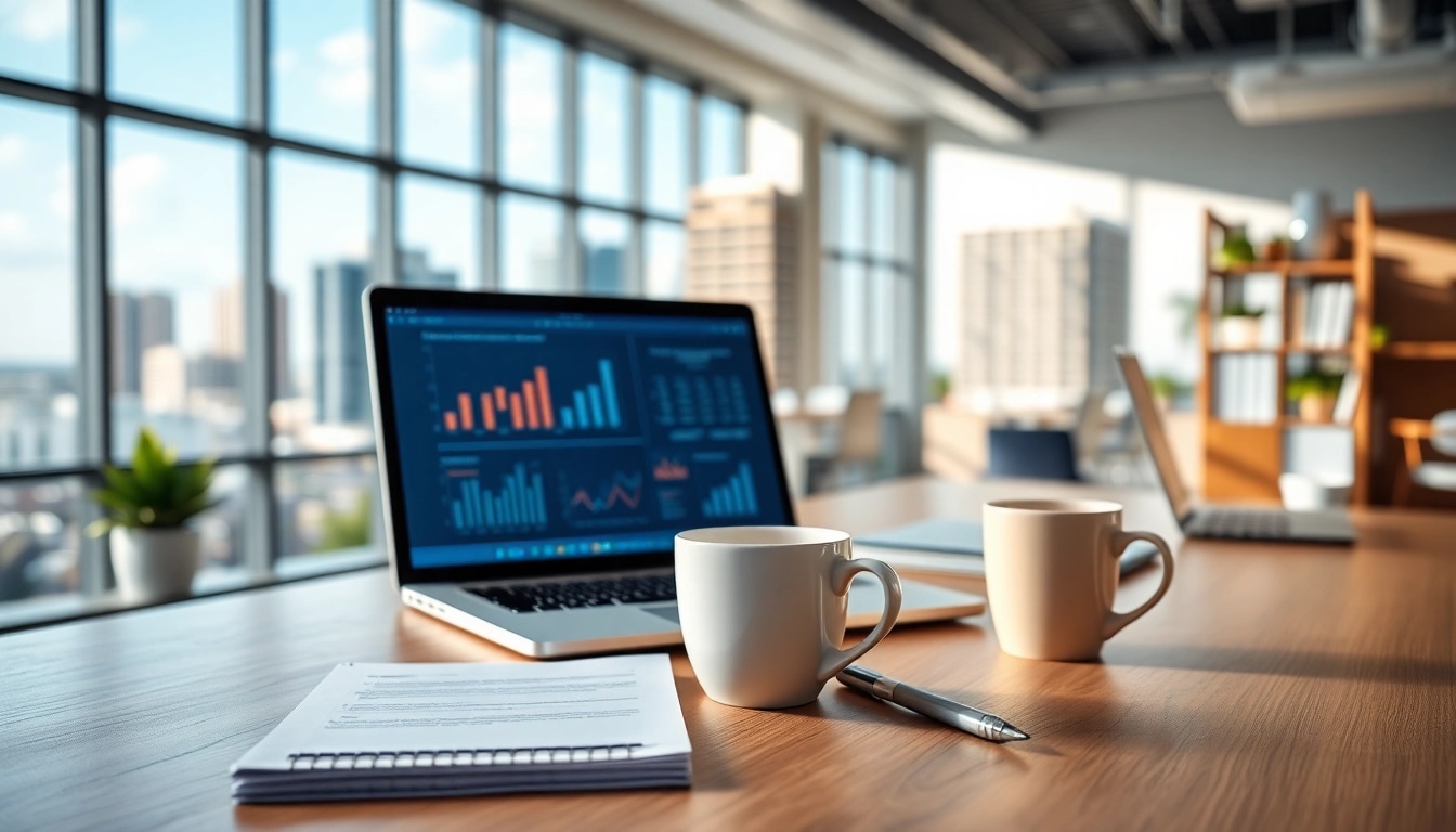 SEO Agency Clearwater office setup showcasing professional tools and a vibrant cityscape.