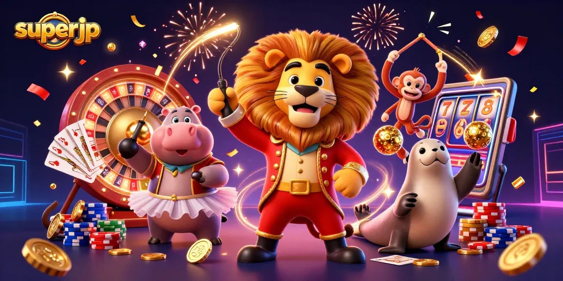 Experience the thrill of wins at superjp with vibrant casino characters amid sparkling gems and golden coins.