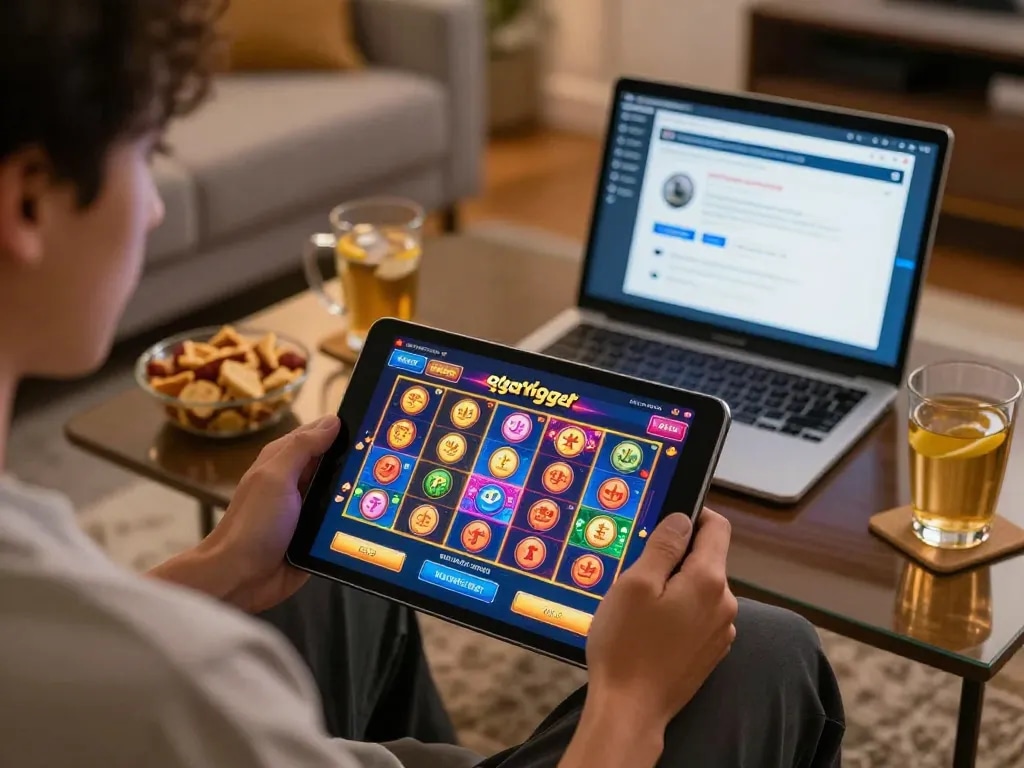 Experience gtatogel gameplay on tablet in a cozy home setup, showcasing excitement in online slots.