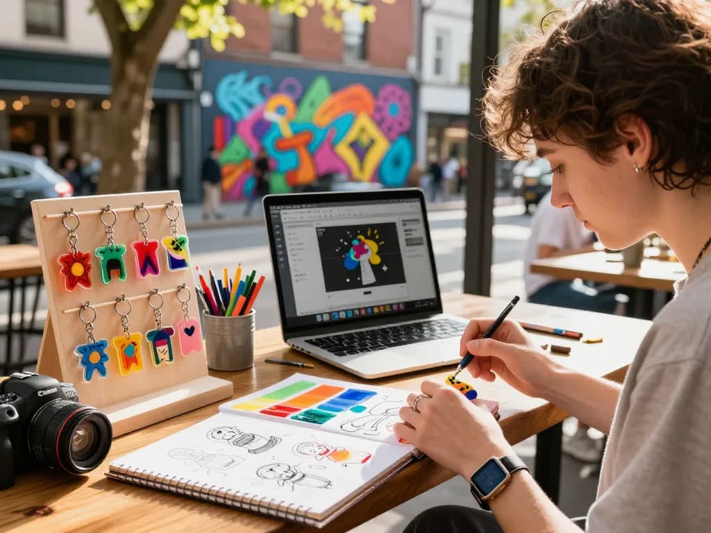 Artist customizing acrylic keychain custom designs at a café surrounded by bright colors and creative tools.