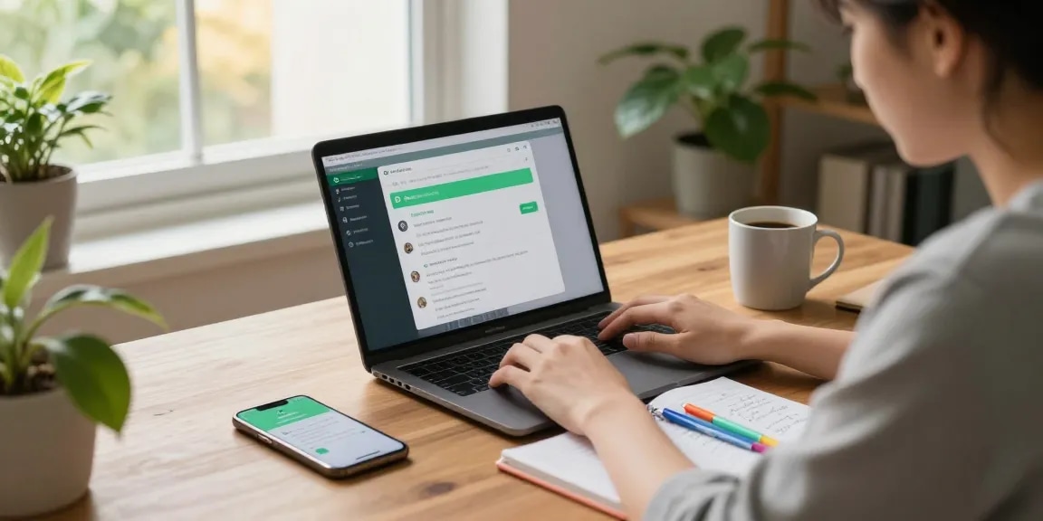 Young professional using WhatsApp電腦版 in a cozy home office, showcasing a productive and inviting workspace.