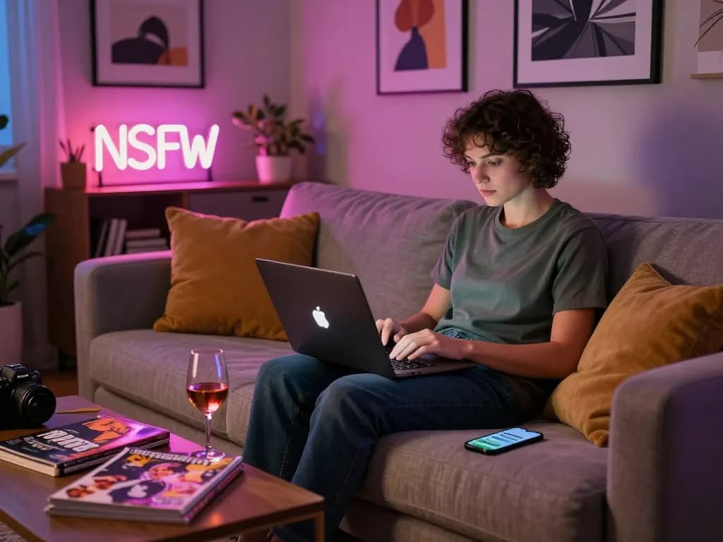 Engaging ai chat porn session in a cozy living room, showcasing a user interacting with a colorful chatbot interface.