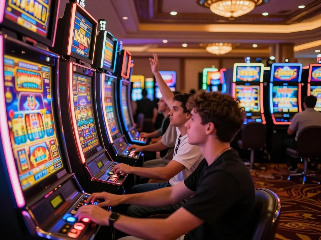 Exciting scene of players engaged in a slot bet 200, with colorful machines and celebratory moments captured.