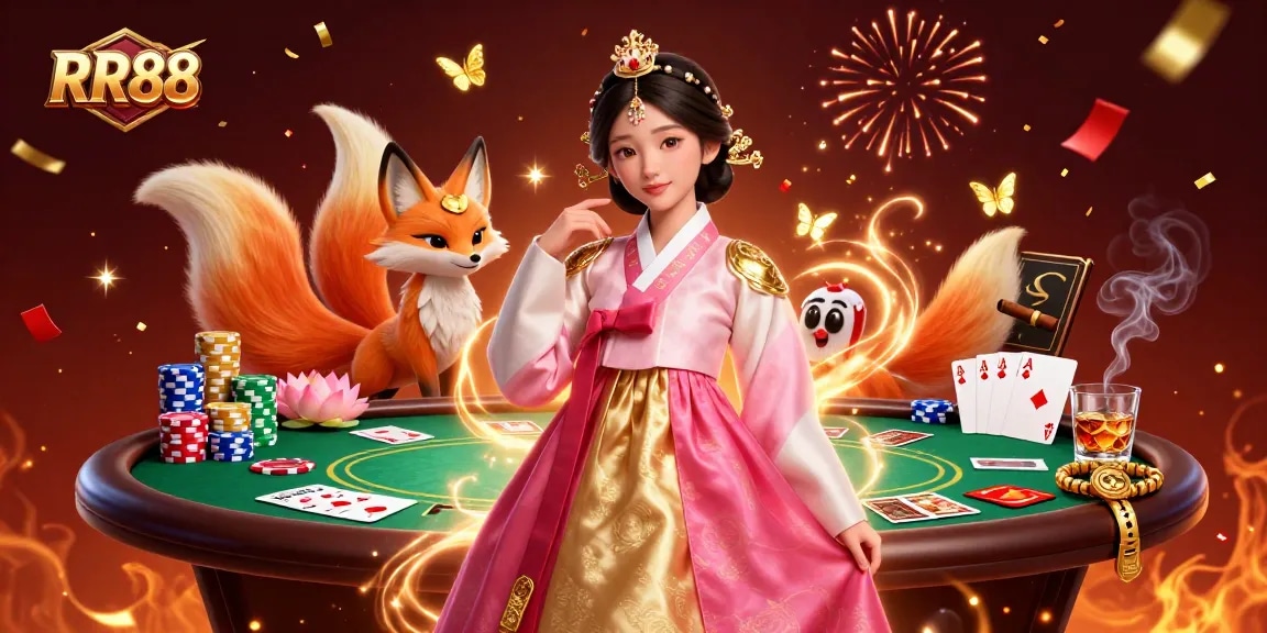 Engage with thrilling casino games at RR88 featuring an enchanting scene with poker elements.