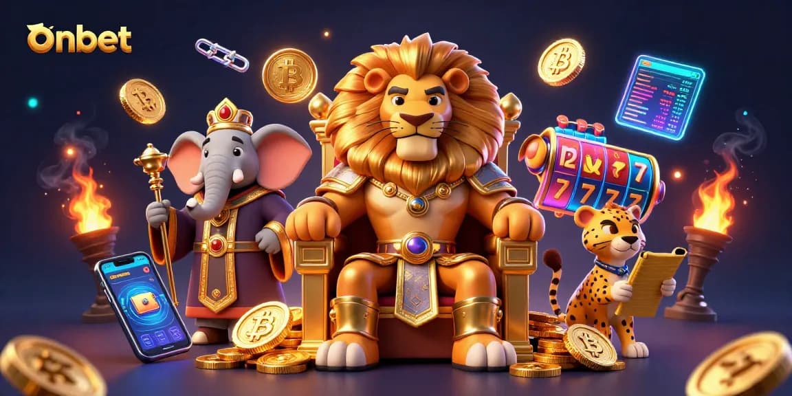 Engage with the onbet casino realm showcasing vibrant 3D characters and crypto elements.