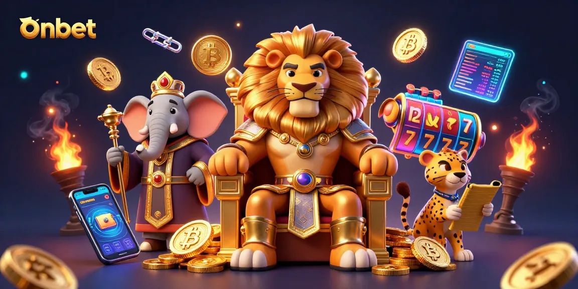 Engage with the onbet casino realm showcasing vibrant 3D characters and crypto elements.