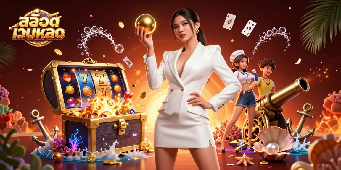 Experience สล็อตเว็บตรง excitement with vibrant 3D casino illustration featuring winning slot reels.