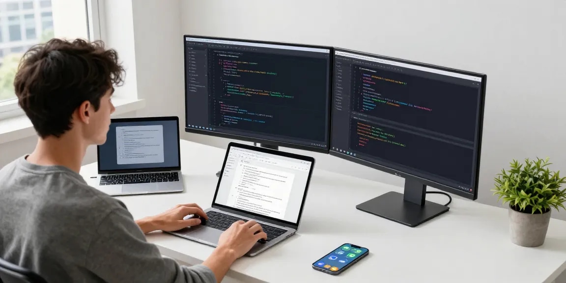 Developer coding for open claw personal AI assistant at a modern workspace with tech gadgets and natural light.