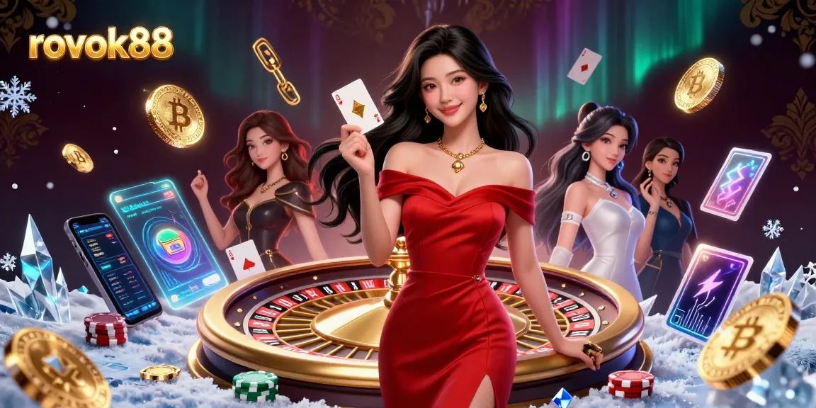 Experience the excitement of rokok88 with stunning visuals of a glamorous casino scene featuring a confident Asian woman.
