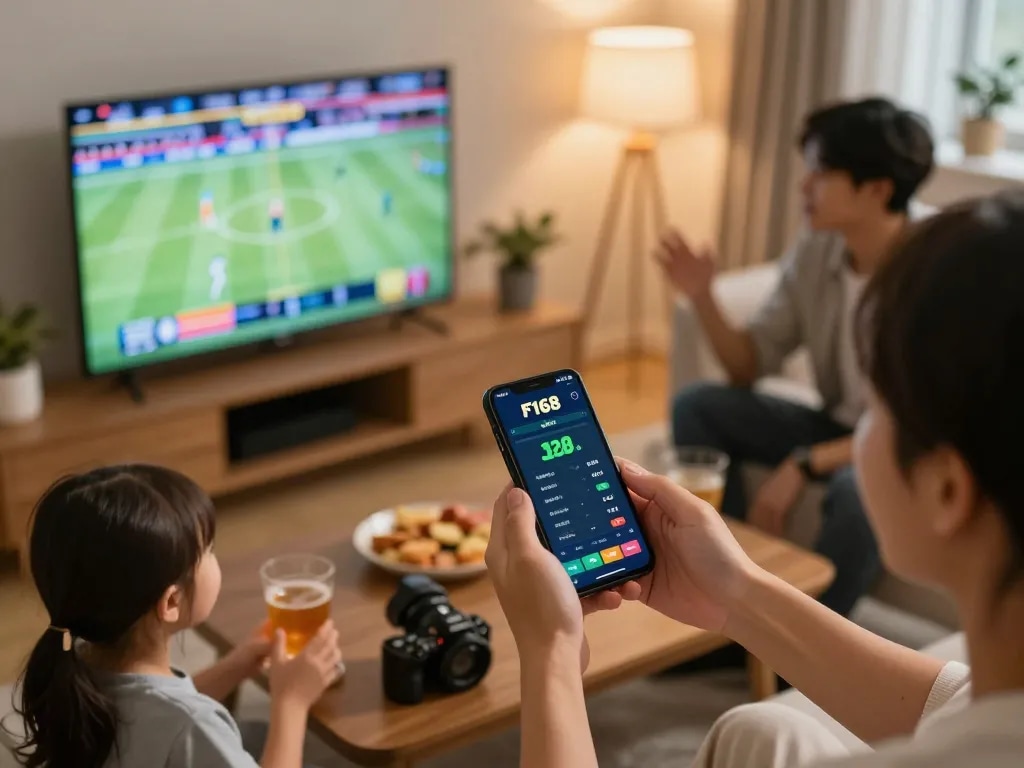 People strategizing sports bets on the F168 app while enjoying a cozy home atmosphere.