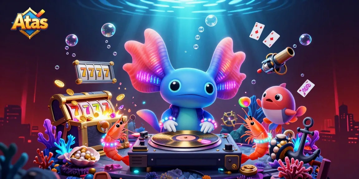 Atas casino scene with a vibrant DJ axolotl, gold coins, and exhilarating gaming action.