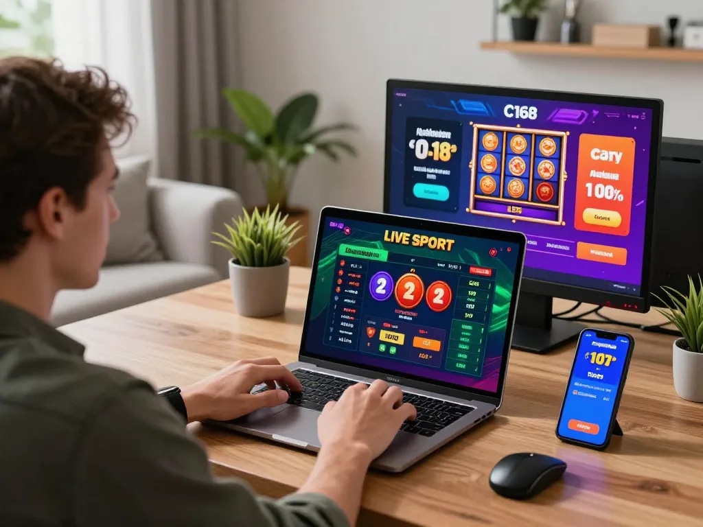 C168 online gambling experience with vibrant betting interface in a modern home office setting.