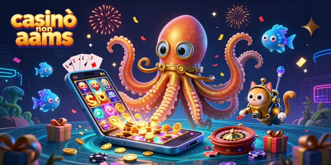 Scopri l'emozione dei casinò non aams con una vivace scena 3D che presenta un kraken, un gatto subacqueo e elementi di casinò emozionanti.