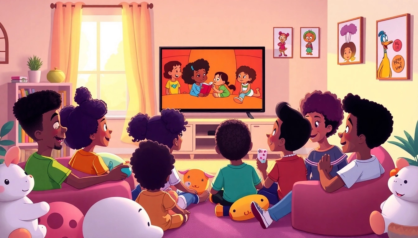 Children enjoying African American cartoons in a cozy living room filled with joy and diversity.