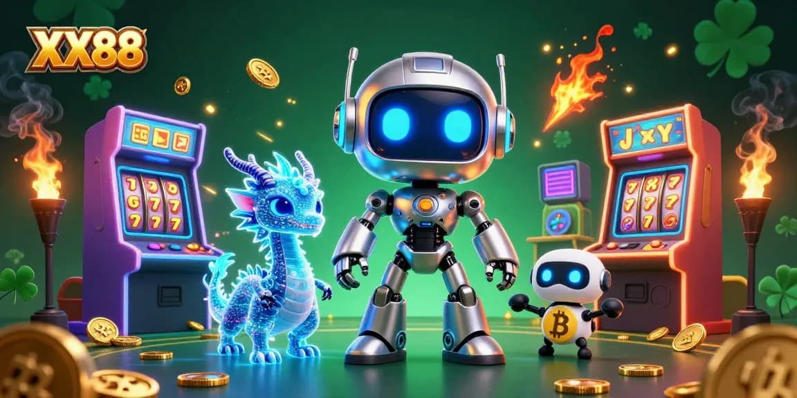 Engage with XX88's thrilling casino experience featuring neon futuristic robots and captivating games.