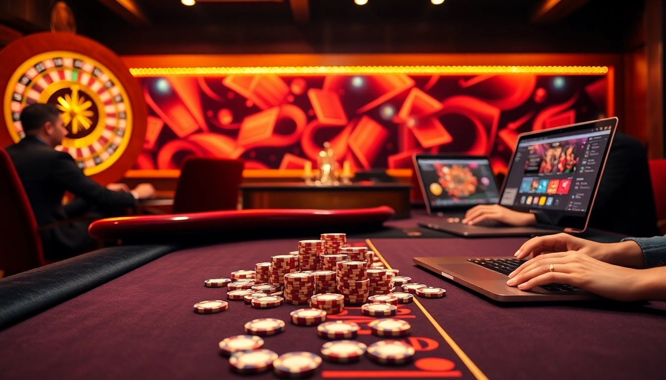 Une scène vibrante de casino en ligne Français 2026 mettant en vedette une roue de roulette et des jetons de poker, capturant l'excitation des paris.