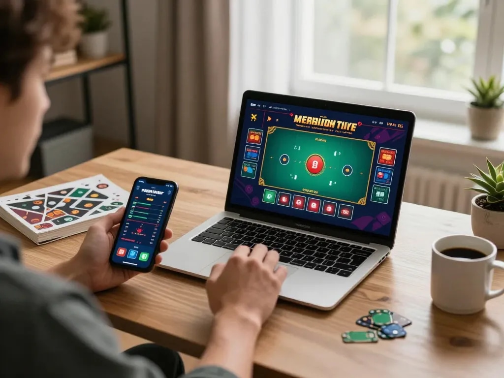 Engaging in live blackjack on sunwinapk with a stylish home setup, reflecting responsible gaming.