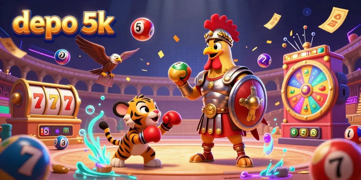 Engage with depo 5k in an energetic 3D scene showcasing colorful slot elements and dynamic characters.