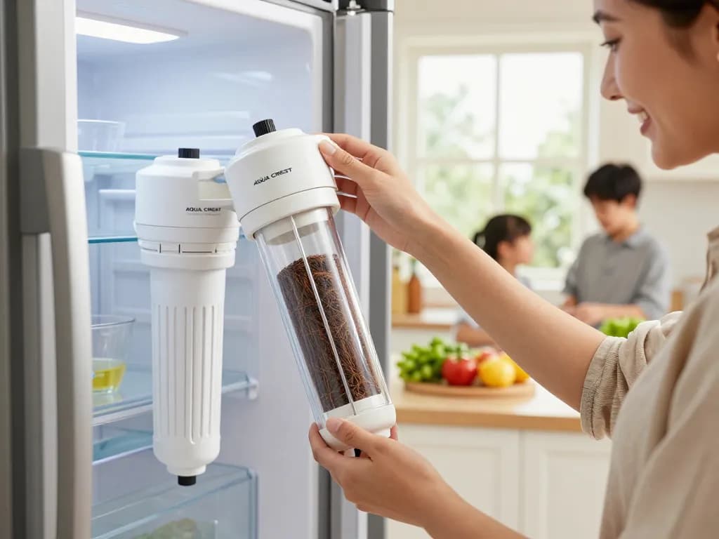 AQUA CREST 5231JA2002A Refrigerator Water Filter showcased in a bright kitchen as a family member prepares for healthy cooking.