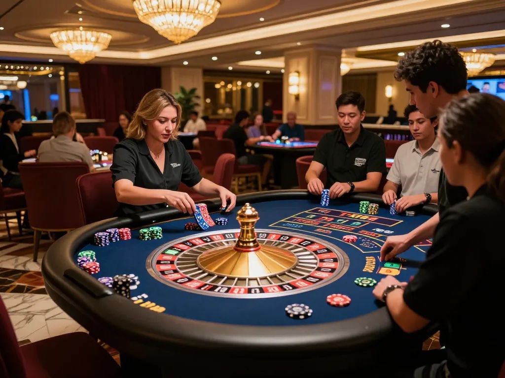 Players enjoying roulette at TR88 casino, dynamic action with colorful chips and croupier.