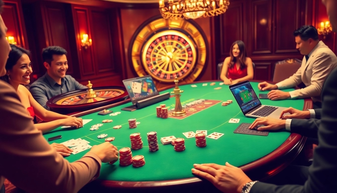 Découvrez l'excitation du casino en ligne argent réel à travers une scène de casino dynamique avec des joueurs enthousiastes et des éléments de jeu éblouissants.