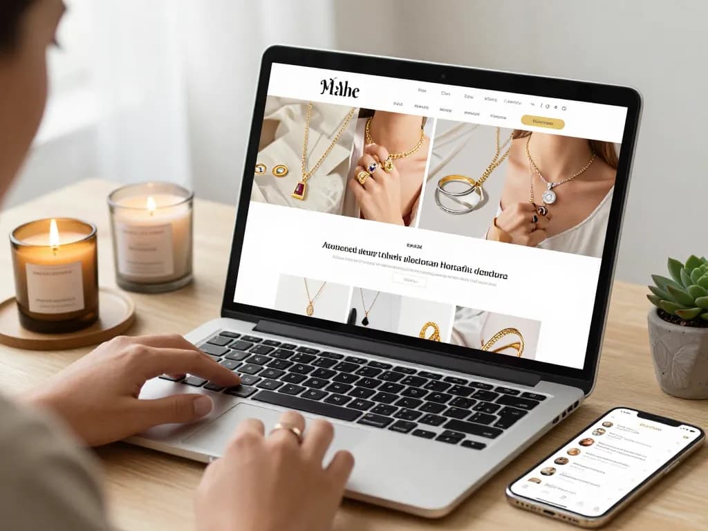 Elegant jewelry site showcasing gold and silver pieces in a cozy shopping environment.