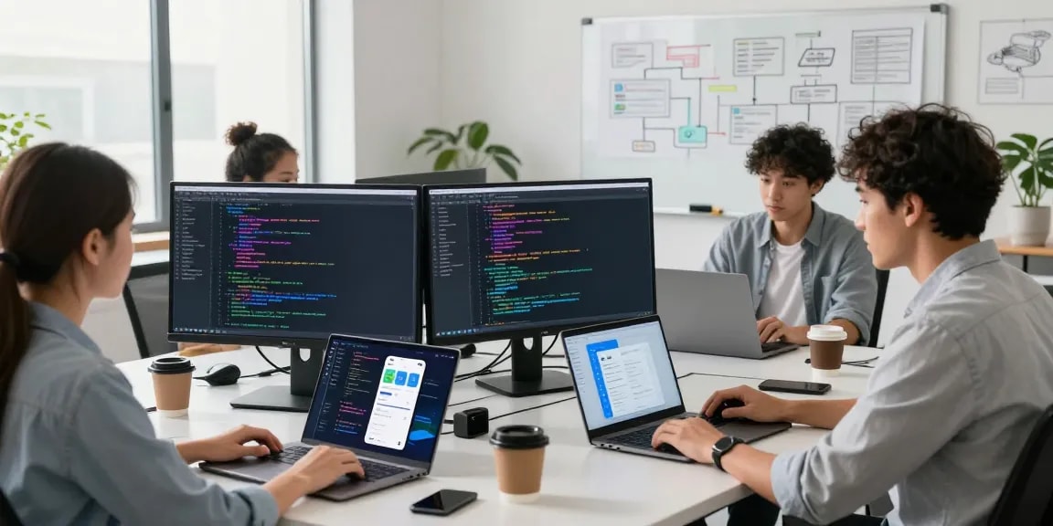 Team collaborating on 纸飞机中文版 software in a modern workspace, showcasing productivity and teamwork.