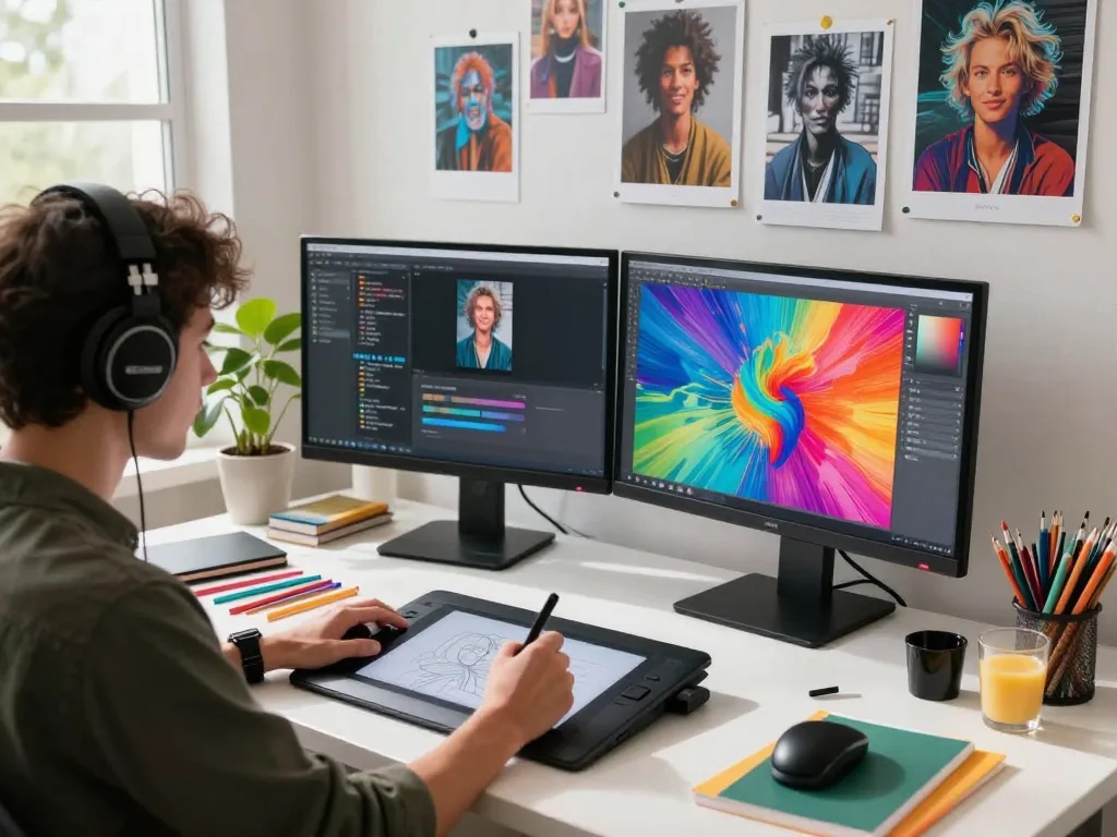 Digital artist using an image to prompt generator in a vibrant creative workspace.