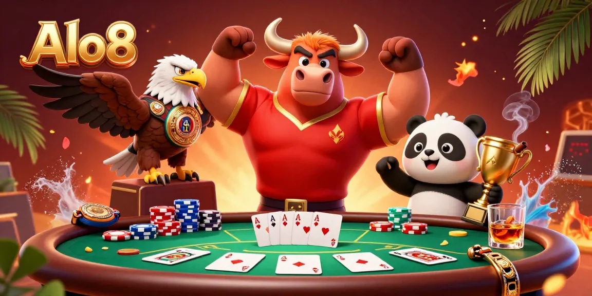 Alo8 captures a festive online casino scene with characters celebrating at a vibrant poker table.