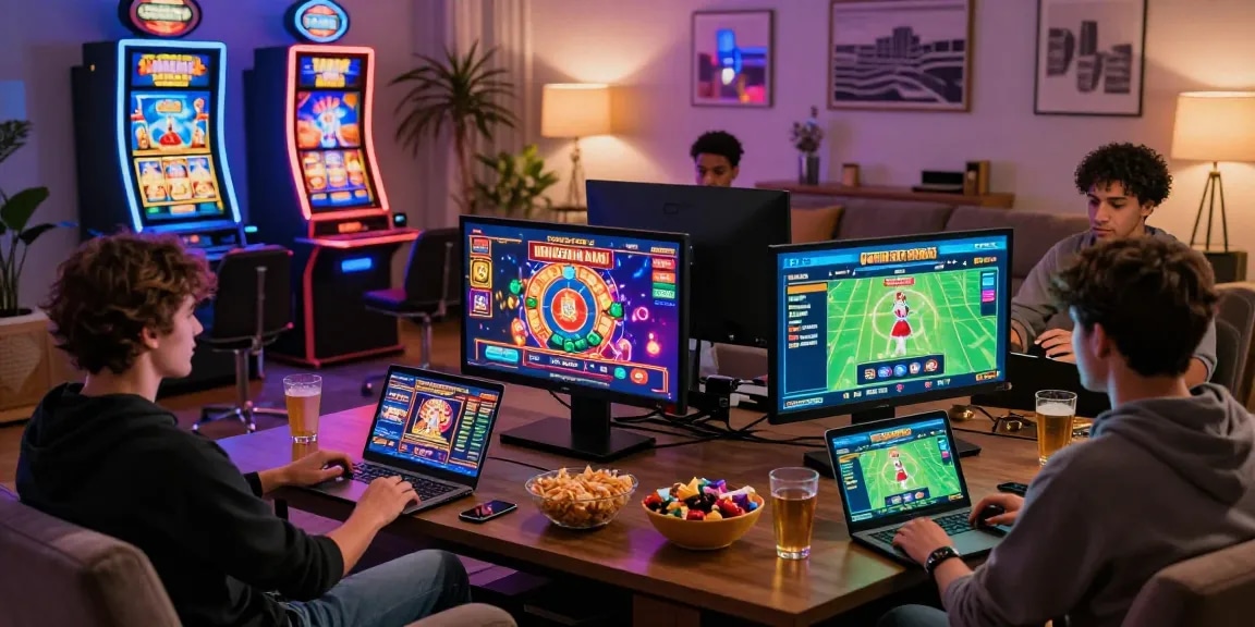 Players enjoying non UK casinos with vibrant games and cozy living room atmosphere