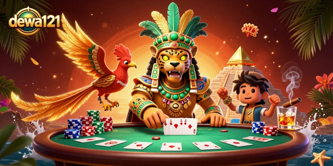Terlibat dalam permainan yang mendebarkan dengan dewa121 menampilkan adegan 3D yang cerah dari poker berisiko tinggi.