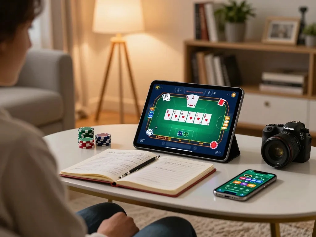 G28 player enjoying online poker strategy in a cozy home setting with tablet interface
