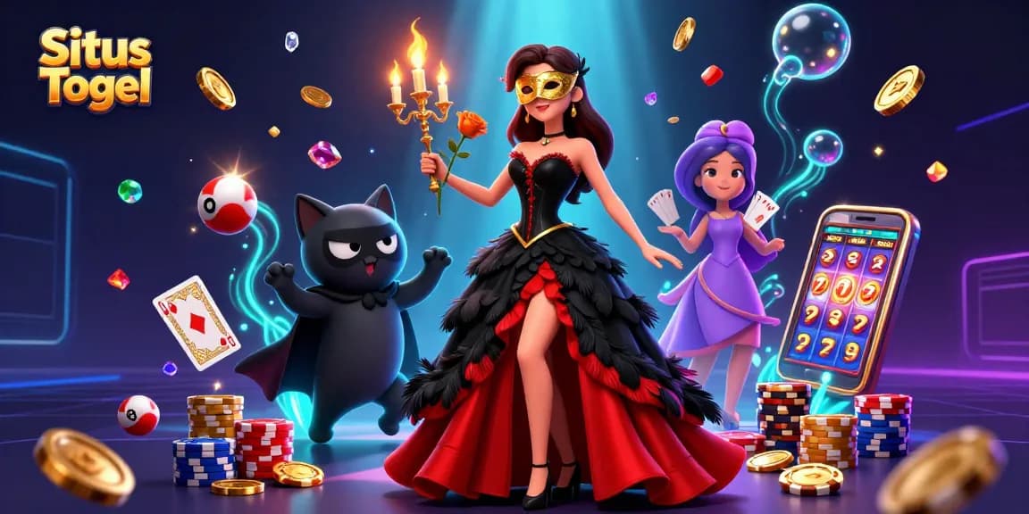 Engage with Situs Togel featuring vibrant lottery balls and stunning characters in a dynamic casino scene