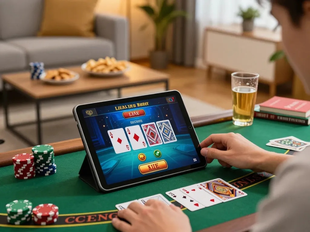 Player enjoying live dealer blackjack on tablet in a cozy home setting, showcasing SHBET800.