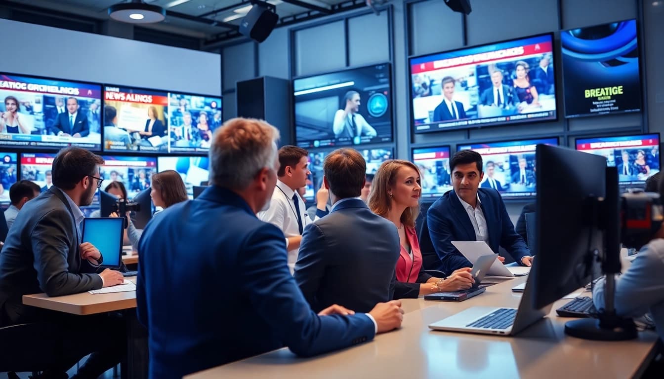 Engaging news discussion in a vibrant newsroom with multiple displays.