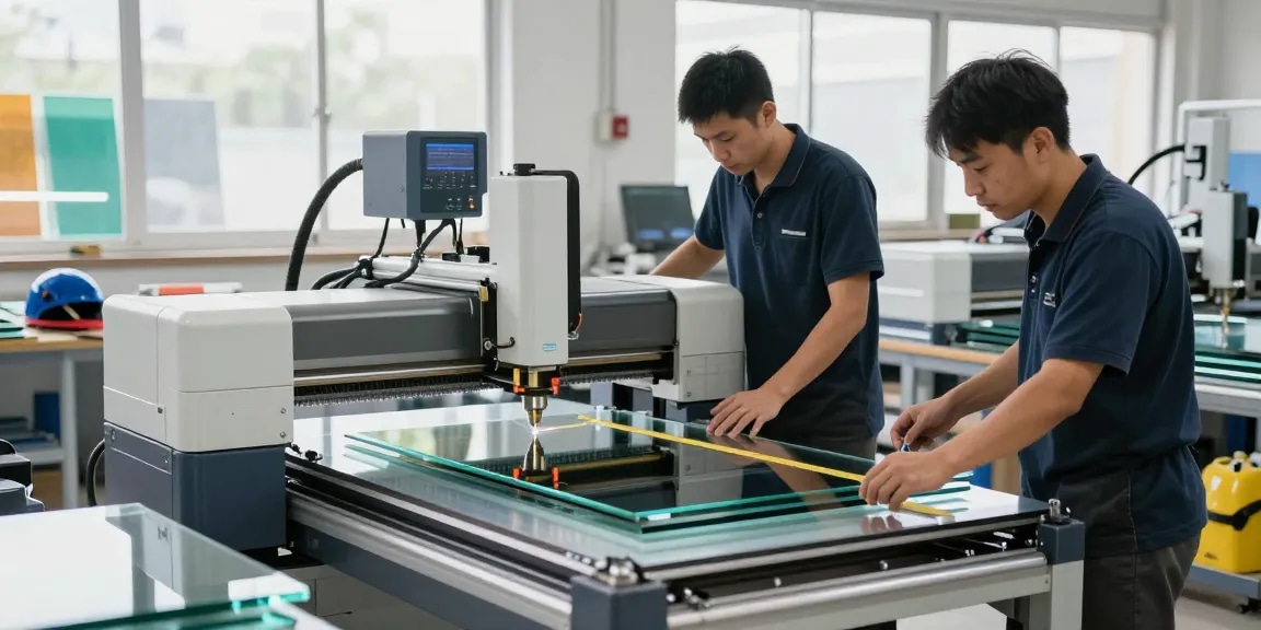Technicians using cutting machine glass in a modern glass processing workshop with advanced equipment.