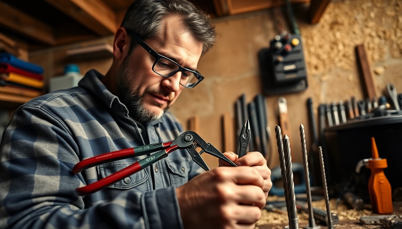 Handwerker, der Irwin Werkzeuge in einer Werkstatt verwendet, und dabei Qualität und Zuverlässigkeit hervorhebt.