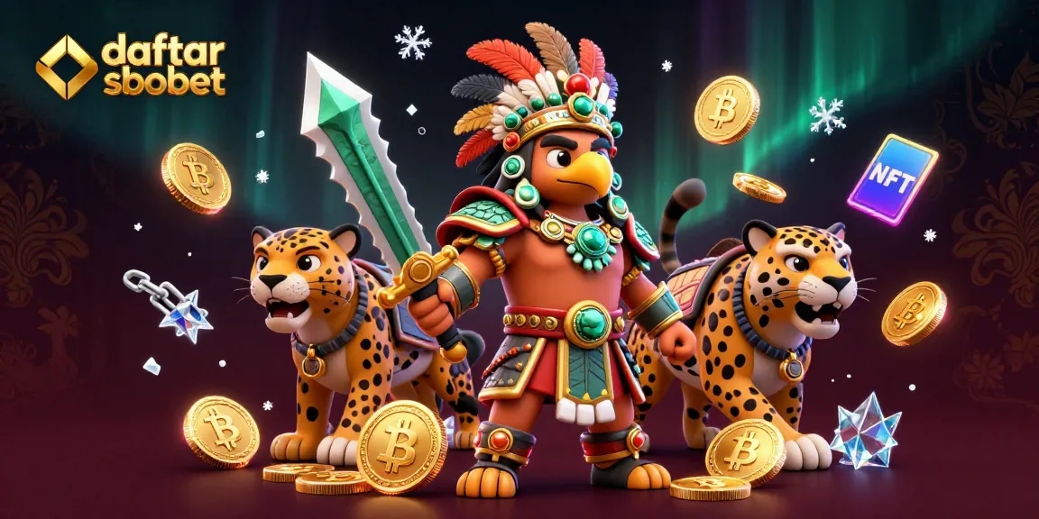 Engage with daftar sbobet through a dynamic 3D illustration showcasing Aztec elements and crypto themes.