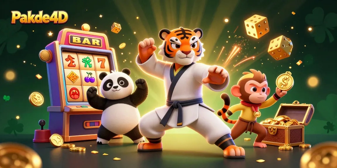 Pakde4D showcases a vibrant 3D illustration of a kung fu tiger master and friends delighting in casino games amidst golden treasure.