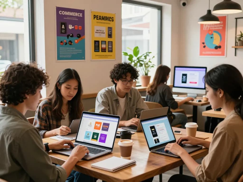 Browsing PLR Digital Products for Sale in a cozy café with diverse individuals exploring vibrant digital assets.