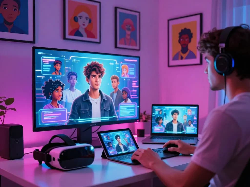 Interactive NSFW AI experience showcasing customizable characters in a modern home office.