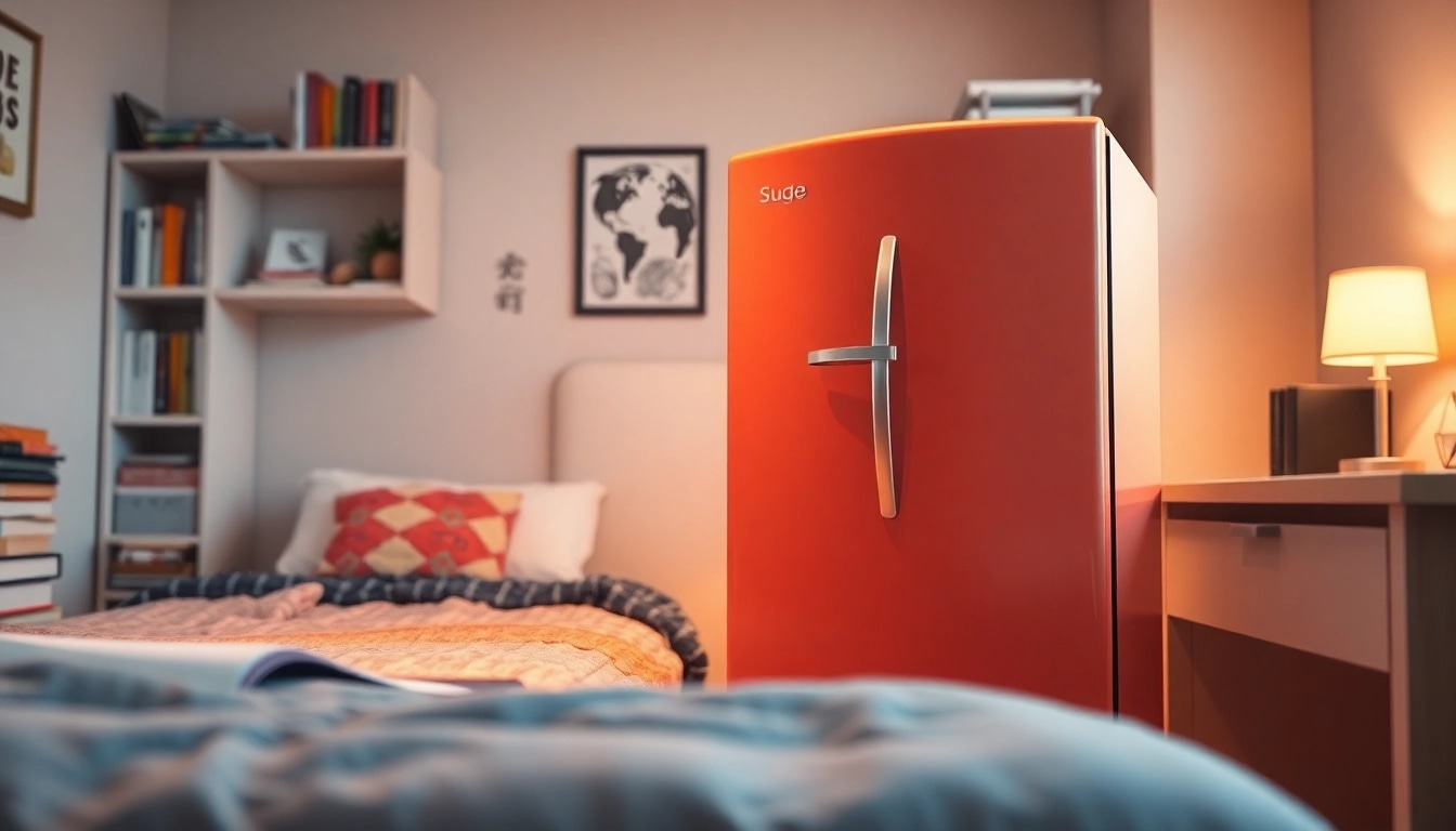 Organized dorm room fridge filled with snacks and drinks in a stylish college dorm.